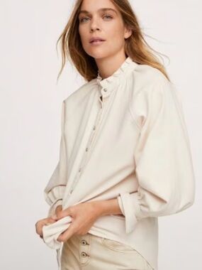 Mango Ruffled Stand Collar Button-Front Blouse – Cream